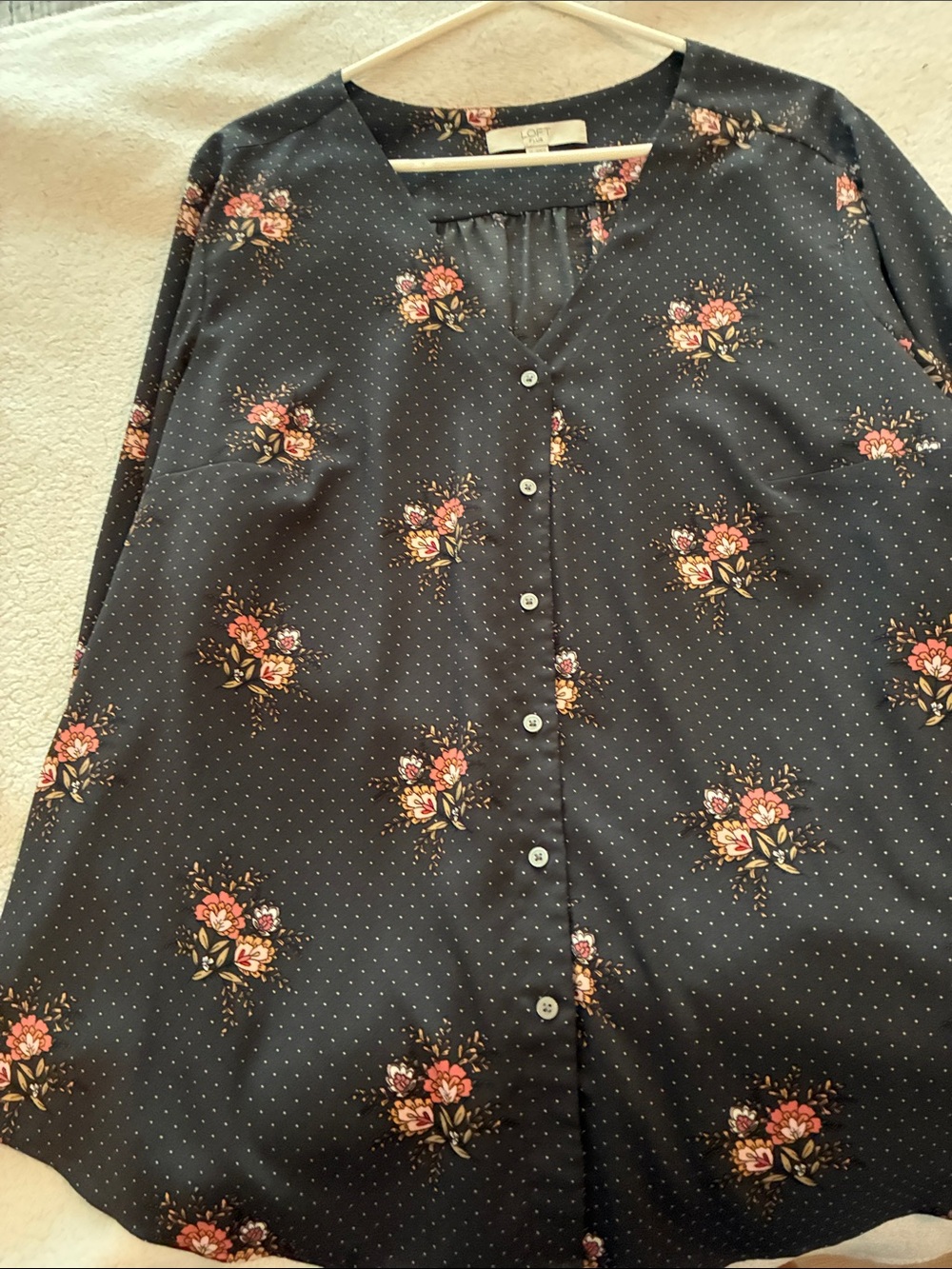 LOFT Navy Floral Button-Front A-Line Skirt with Pink Blooms